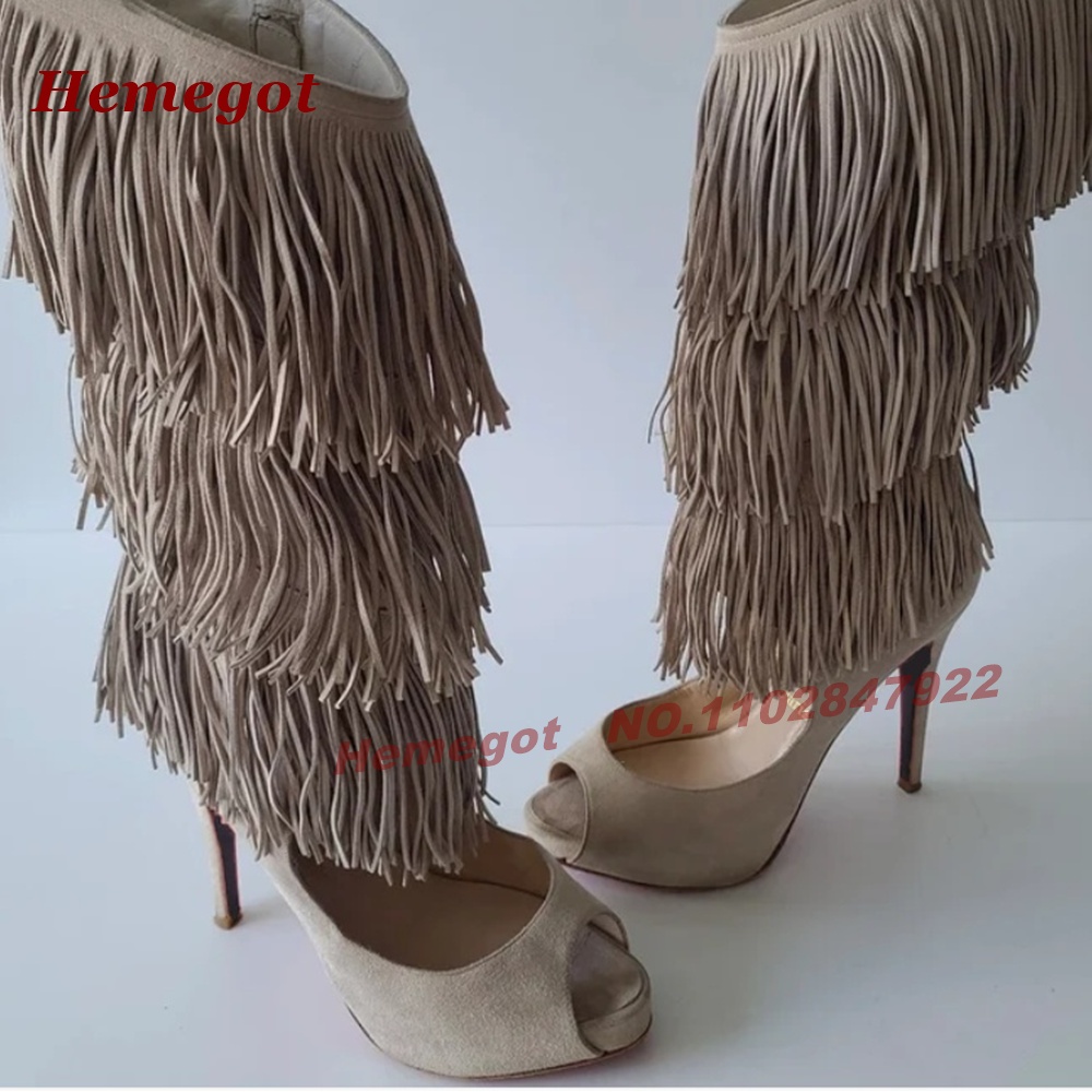 Knee High Boots Women - Tiered Fringe Peep‑Toe High Heel Sandal