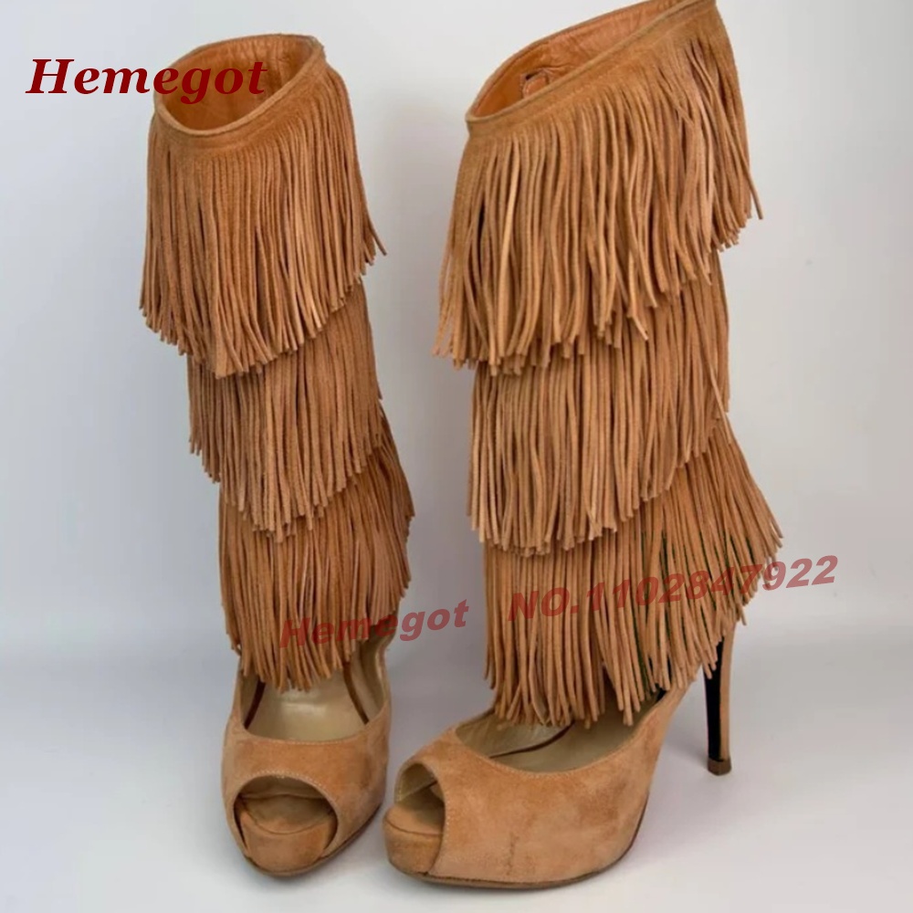 Tiered Fringe Peep‑Toe High He - đánh giá và giá Knee High Boots Women