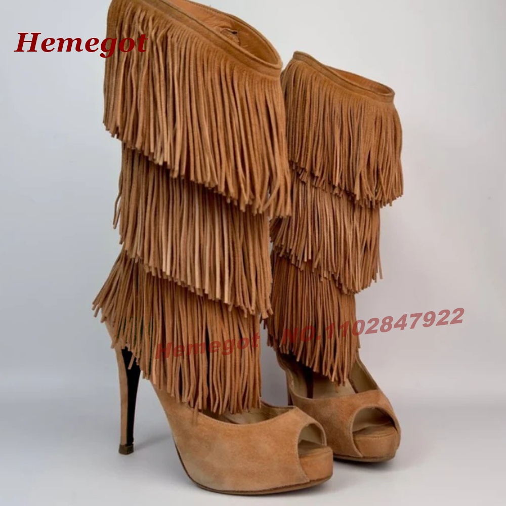 Tiered Fringe Peep‑Toe High He - đánh giá và giá Knee High Boots Women